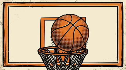 Vintage Basketball Poster Design - Ball Making a Shot Through the Hoop in Retro Grunge Halftone Style. © Graphicnoell