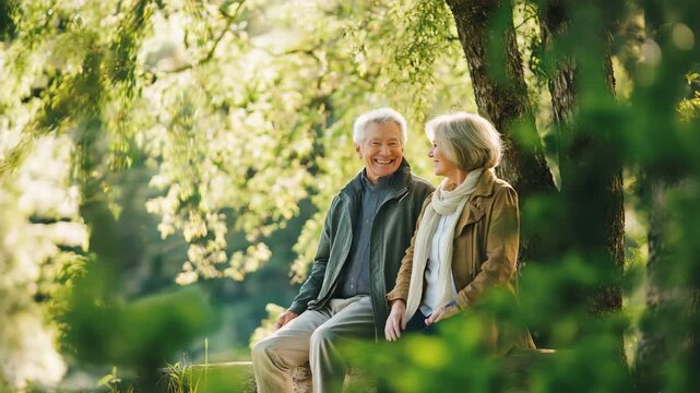 A loving senior couple shares a warm smile while enjoying time together outdoors among blooming spring flowers.