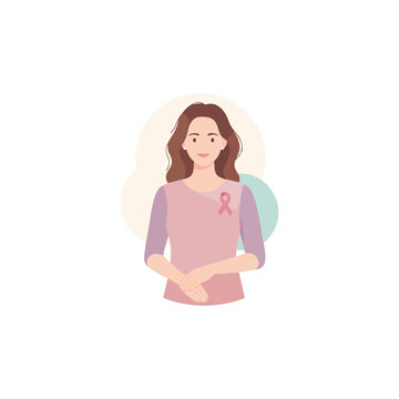 Illustration of a woman wearing a pink ribbon symbolizing breast cancer awareness on a simple background