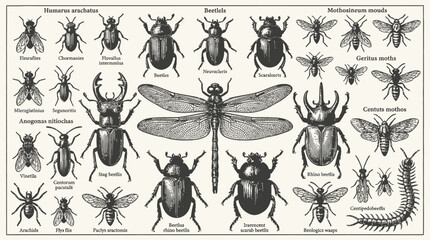 Vintage Entomology Chart: Scientific Diagram of Beetles, Moths, Dragonfly, Flies, and Arachnids. Antique Engraving Style Taxonomy Illustration.
