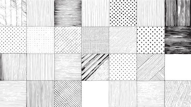 Grid of thirty diverse monochromatic texture samples including lines dots crosshatch patterns and wood grain showing various abstract surface styles.