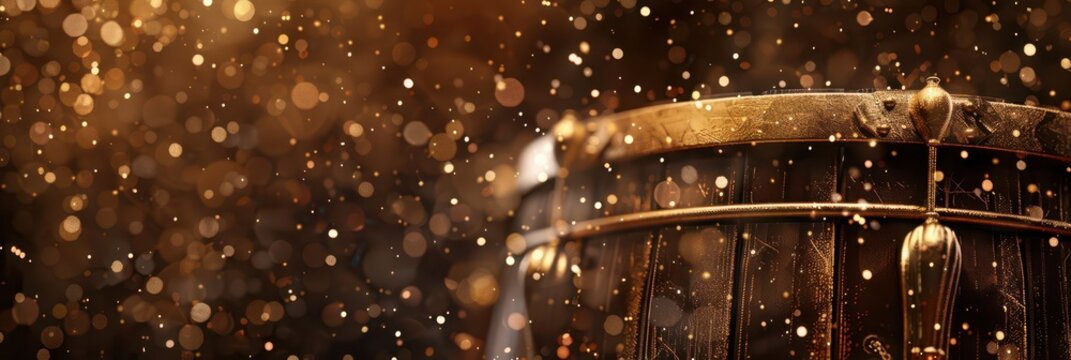 Mardi gras celebration with glittering drum and festive glittering lights. Horizontal banner. Copy space. Holiday template. Shrove Tuesday. Fat Tuesday. Carnaval