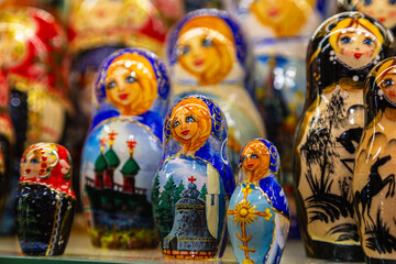 Fototapeta premium Wooden Nesting Dolls or Russian Matryoshka Dolls for sale in Russia