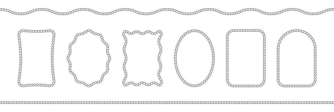 Rope border frames in rectangle and oval shapes with twisted texture isolated on white background. Pattern rope brush
