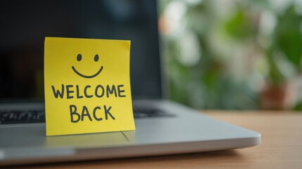 Yellow sticky note with Welcome Back message and hand drawn happy face on laptop screen after vacation