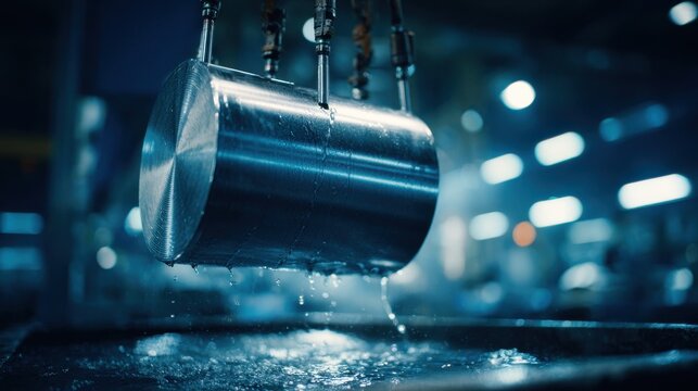 Stainless steel cylindrical part undergoing electroplating process in industrial workshop