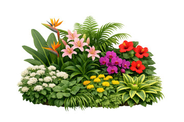 Obraz premium Lush tropical garden arrangement with diverse blooming flowers and vibrant green plants on transparent background