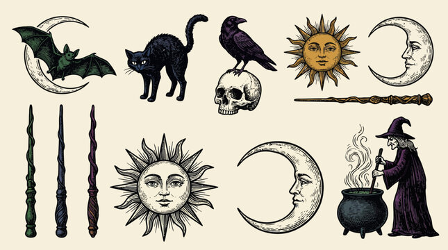 Vintage Witchcraft and Magic Symbols Engraved Collection. Sun, Moon, Bat, Skull, Black Cat, Raven, Witch, Cauldron, Occult Elements Set.