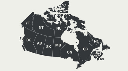 Canada Political Map: Provinces and Territories Outline with Two-Letter Abbreviations (BC, QC, ON, AB). Minimalist Black and White Vector Graphic. © Graphicnoell