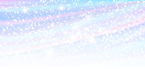 Naklejka premium Dreamy pastel sky background with glowing stars, soft bokeh lights and magical atmosphere. Ideal for holiday designs, fantasy banners, overlays, greeting cards and romantic visuals