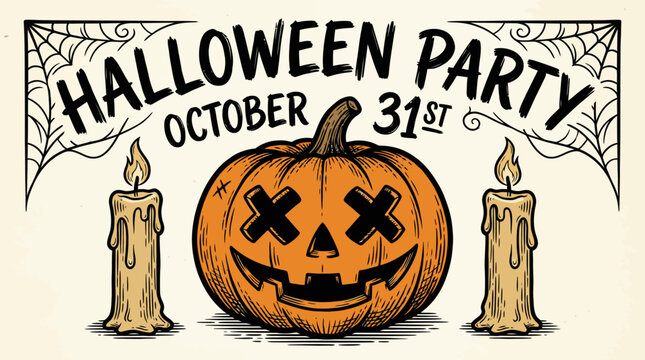 Halloween Party October 31st Vintage Poster. Spooky Engraving Style Illustration with Jack-o'-Lantern, Melting Candles, and Cobwebs.