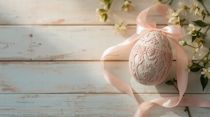An intricately designed egg with pink ribbon sits on weathered wood. White flowers and green leaves surround the egg, adding springtime charm to the setting.