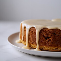 A golden cake with creamy glaze drips on a white plate. The cakes rich brown texture contrasts with smooth flowing glaze dripping down its sides.