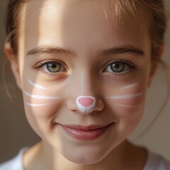 Child with cat face paint has white whiskers and pink nose. Her bright eyes and cheerful smile with cat face paint exude joy in sunlight.
