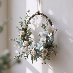 A delicate floral wreath hangs on a soft light wall. White and blush blooms with green foliage beautifully decorate the circular wreath in soft light.