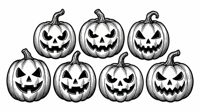 Halloween Jack-O'-Lantern Pumpkins Row Engraving. Vintage Black and White Woodcut Illustration of Spooky Carved Gourd Faces.