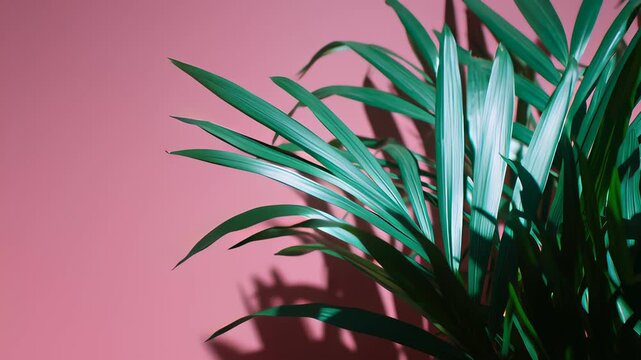 緑の植物がピンクの壁に映る様子