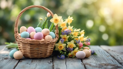 Wicker basket holds pastel eggs beside vibrant daffodils and tulips. Daffodils, tulips, and purple blooms rest on the weathered wooden planks with soft green backdrop.