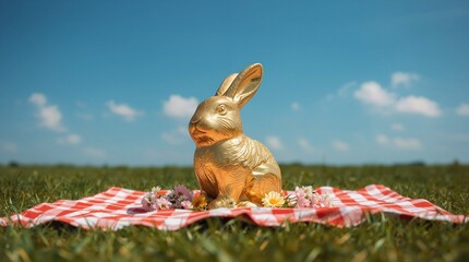Golden rabbit sits on red checkered blanket with pink and yellow flowers. The green field stretches far under a bright blue sky with scattered white clouds.