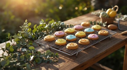 Colorful frosted cookies with sprinkles sit on a metal rack outdoors. Green eucalyptus branches, a wicker basket with lemons, and eggs decorate the sunlit wooden table.