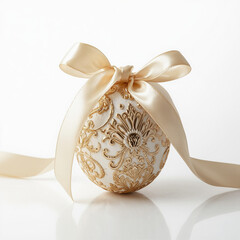Ornate white egg featuring gold patterns and a large satin bow. The egg is placed on a reflective white surface with a clean backdrop, looking sophisticated.