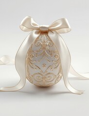Elegant white egg with golden patterns and a large satin bow. The ornate golden motifs on the white egg are complemented by the flowing ribbon.