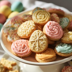A white plate overflows with colorful decorated cookies and pastel toppings. Swirled frostings, snowflake designs, and colorful sprinkles adorn the assorted cookies on the plate.