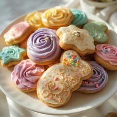 Colorful decorated cookies in assorted shapes fill a white plate. The plate features cookies with swirled icing, sprinkles, and playful designs in soft hues.