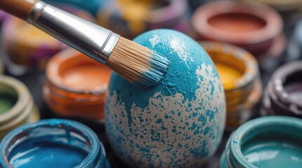A brush applies blue paint to a speckled, partially painted egg. Multiple colorful paint containers surround the egg, each filled with vibrant, messy paint and varied textures.
