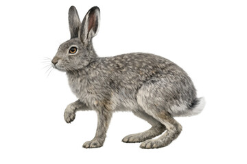 Obraz premium Wild rabbit running with one paw raised, long ears, fur, isolated on transparent background, wildlife animal