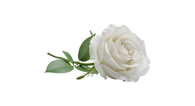 Elegant white rose with green leaves and stem, symbolizing love, beauty, and purity.