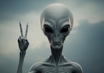 Closeup of a friendly alien with gray skin and large black eyes making a peace sign gesture against a cloudy sky background