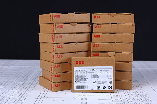 Electrical modules in carton packaging on an electronic digram during the assembly of an electrical panel. 
