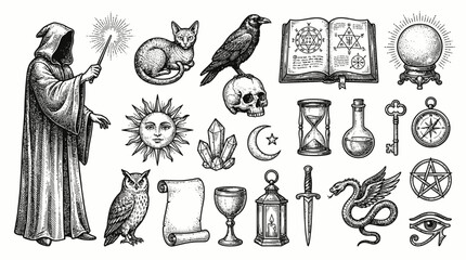 Vintage Magic and Occult Engraving Set: Wizard, Witchcraft Symbols, Skull, Raven, Crystal Ball, and Alchemic Elements