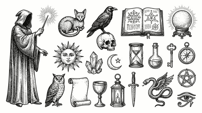 Vintage Magic and Occult Engraving Set: Wizard, Witchcraft Symbols, Skull, Raven, Crystal Ball, and Alchemic Elements