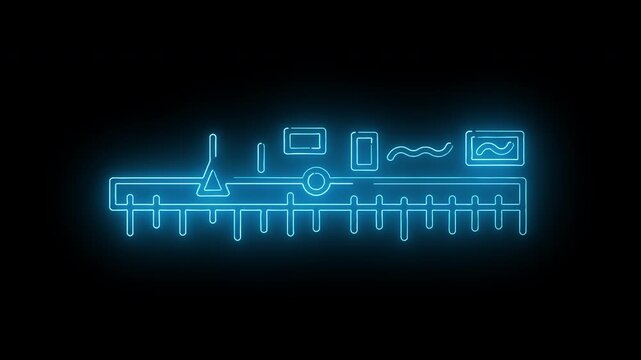 Neon blue line art of a camera transferring data to a computer and cloud storage on a black background with white space.