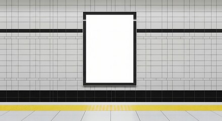 A blank poster in a subway station with a yellow safety line and white tiled walls