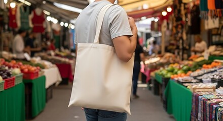 Man carrying a blank tote bag at a vibrant market stall with fresh produce on display