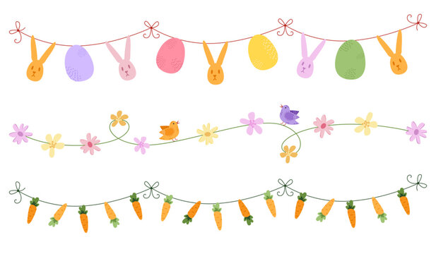 Easter garland set with decorated eggs, bunnies, carrots and spring flowers. Cute festive home decor, floral ornaments for greeting cards, banners