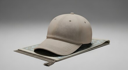 A beige baseball cap resting on a stack of paper currency displayed on a plain gray background