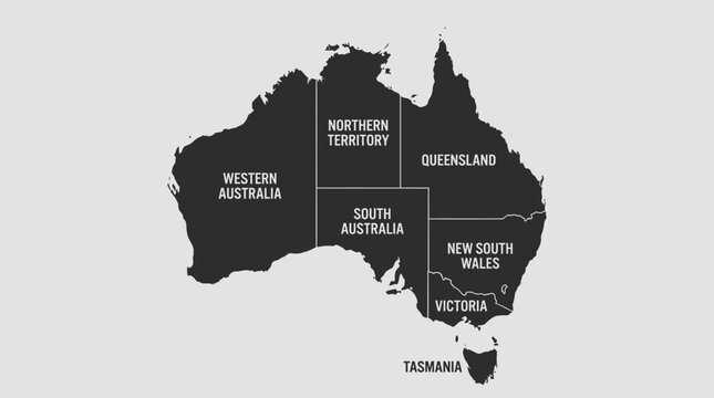 Labeled Map of Australia States and Territories in Black and White Modern Graphic Style