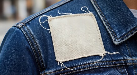 A person wearing a denim jacket with a blank canvas patch on the back, outdoors, close-up view