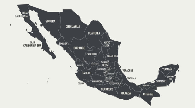 Detailed Political Map of Mexico with All Labeled States (Estados) - Modern Dark Gray Vector Silhouette Illustration for Geography and Data Visualization
