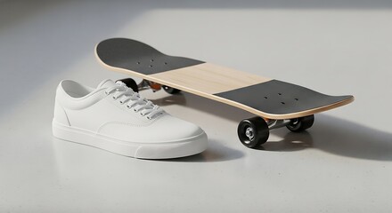 A white sneaker lies next to a skateboard on a plain surface viewed from the side.