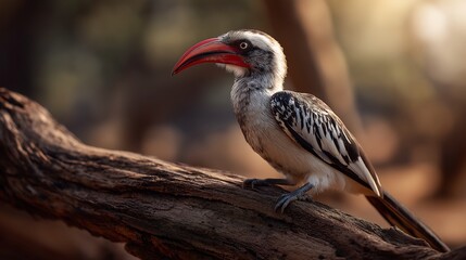 Fototapeta premium Red billed hornbill perched on tree branch in natural habitat