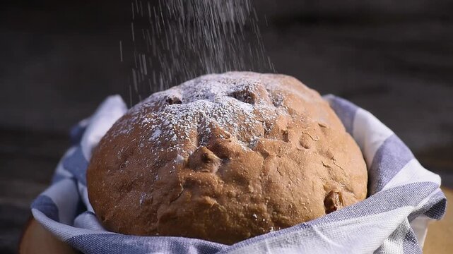 Freshly baked rustic bread loaf with golden crust, dusted with powdered sugar, wrapped striped cloth wooden surface, showcasing homemade artisan baking, fresh crusty food, cozy kitchen atmosphere