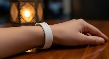 A person's hand wearing a wristband on a wooden table near a lit lantern