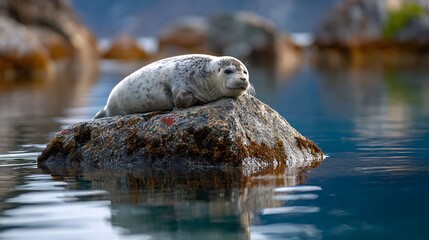 Naklejka premium Seal resting on rocky outcrop in serene ocean waters