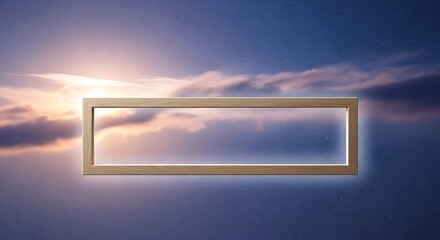 A rectangular frame suspended in mid-air against a serene sky with clouds at sunset viewed from a distant perspective