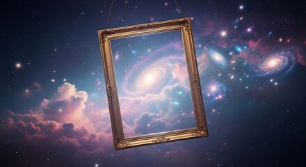 A framed image of a galaxy floating in the vastness of space surrounded by stars and clouds